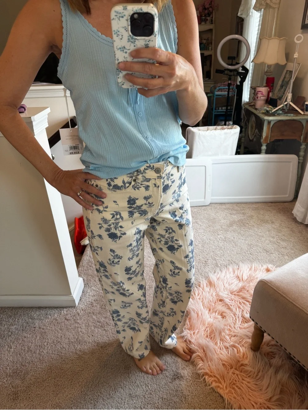Old Navy Blue Floral curvy Heighway waisted loose jeans